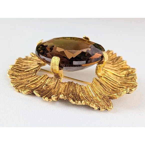 Vintage Amber Sunflower Statement Brooch Large 2.5" Gold Tone Pin w/ Amber Glass - Picture 3 of 7